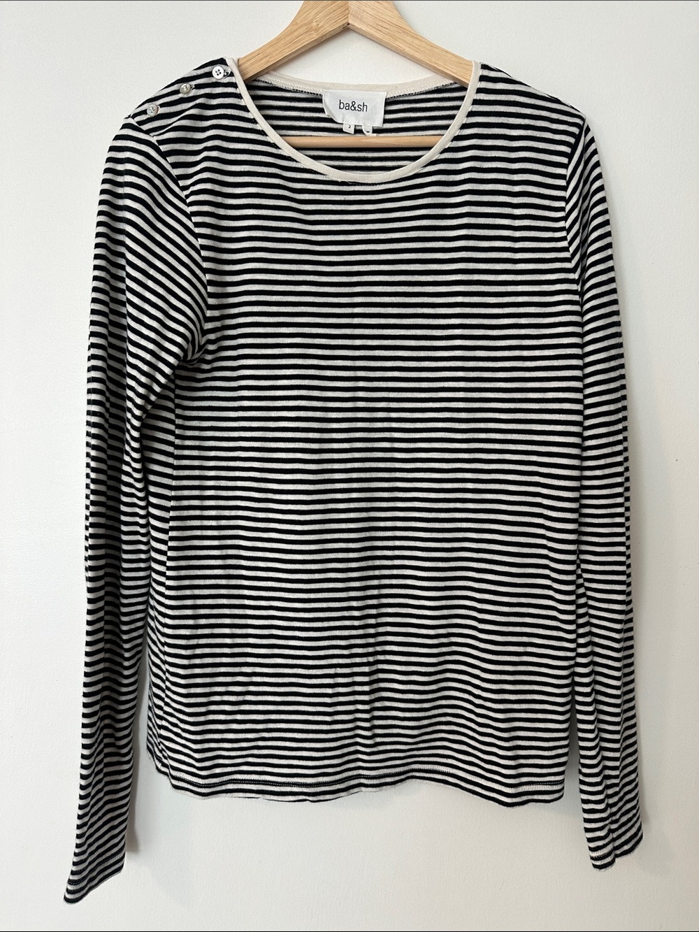 ba&sh Alias Long Sleeve Black and Cream Striped T-shirt with Shoulder Buttons